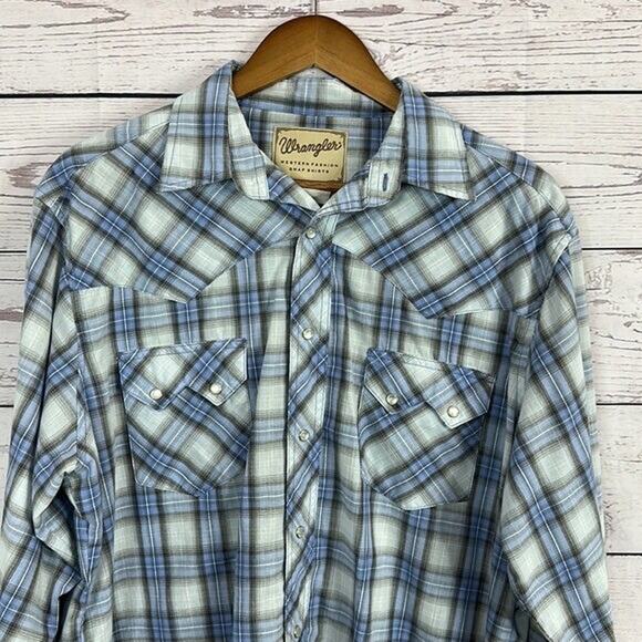 Wrangler Shirt Mens Large Blue Plaid Pearl Snap Western Rodeo Cowboy Country - Picture 2 of 11